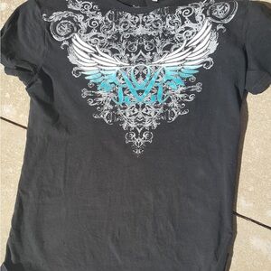 Rock & Roll Cowgirl Black Tee with White and Turquoise Wing Graphic